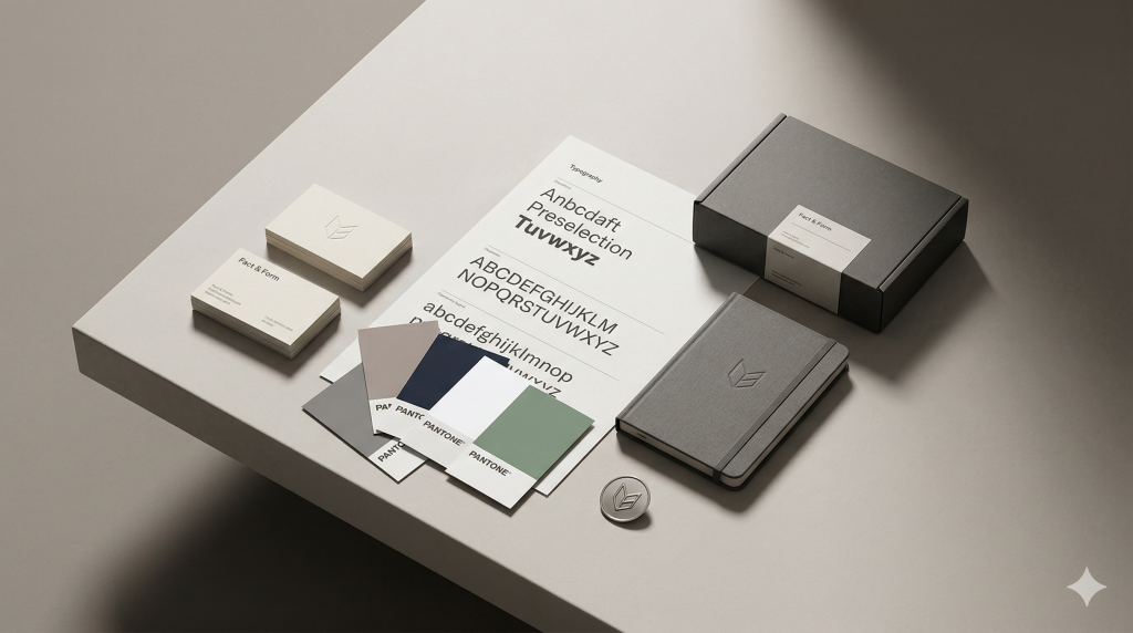 Visual identity system with colour cards, typography sheets and branded stationery in a premium editorial layout.