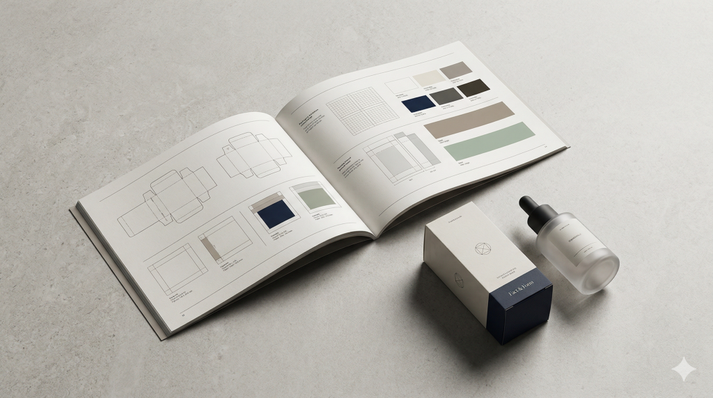 Packaging guidelines document displayed with coordinated packaging samples in a minimal premium setup.