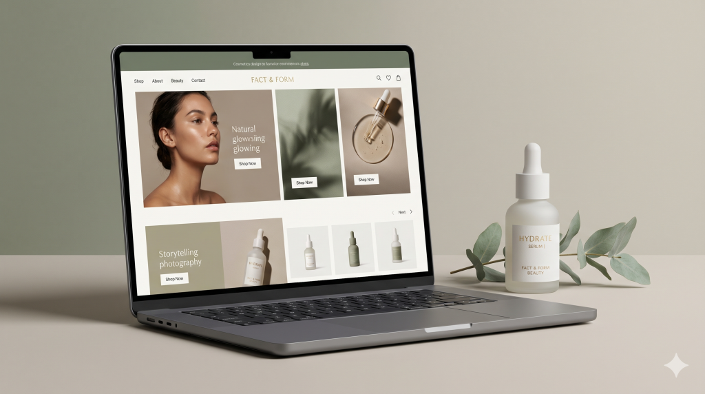 Cosmetics website design with a beauty ecommerce interface and a premium skincare product in a refined setup.