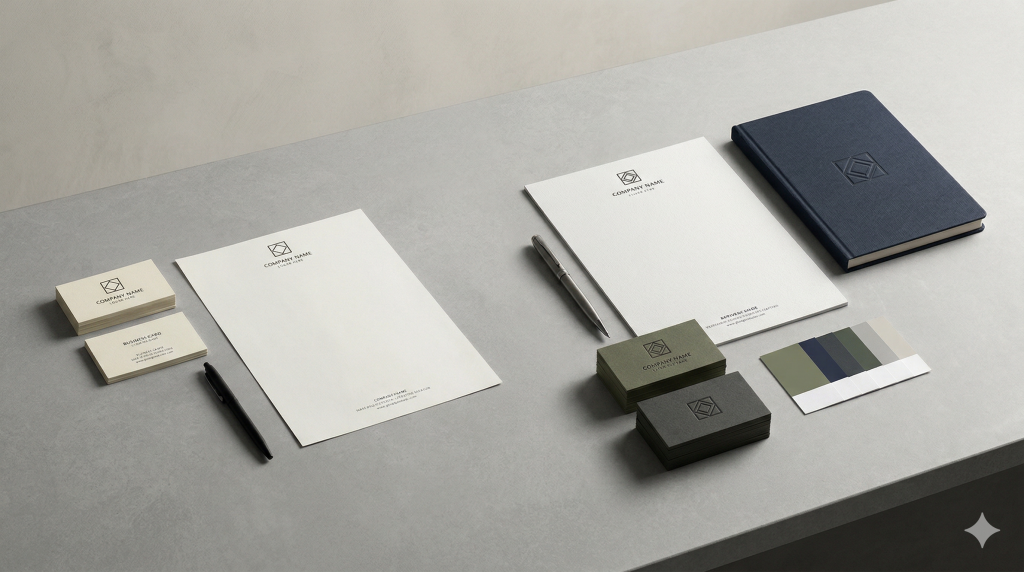Before-and-after brand identity materials shown in a refined rebranding studio composition.