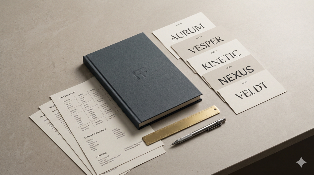 Brand naming workspace with a premium notebook, typography cards and printed naming exploration sheets.