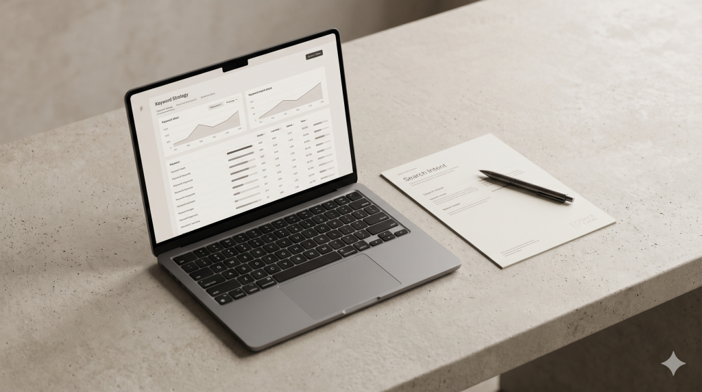 Keyword research scene with a laptop displaying search planning and printed keyword notes in a minimal setup.
