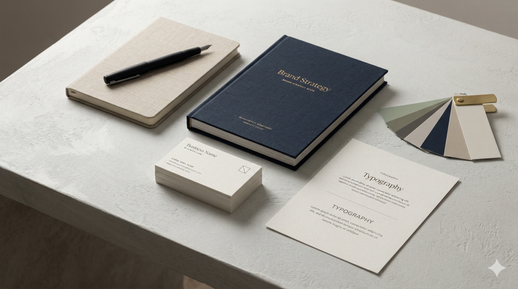 Premium brand strategy materials with a brand book, stationery and typography sheets arranged on a refined studio desk.
