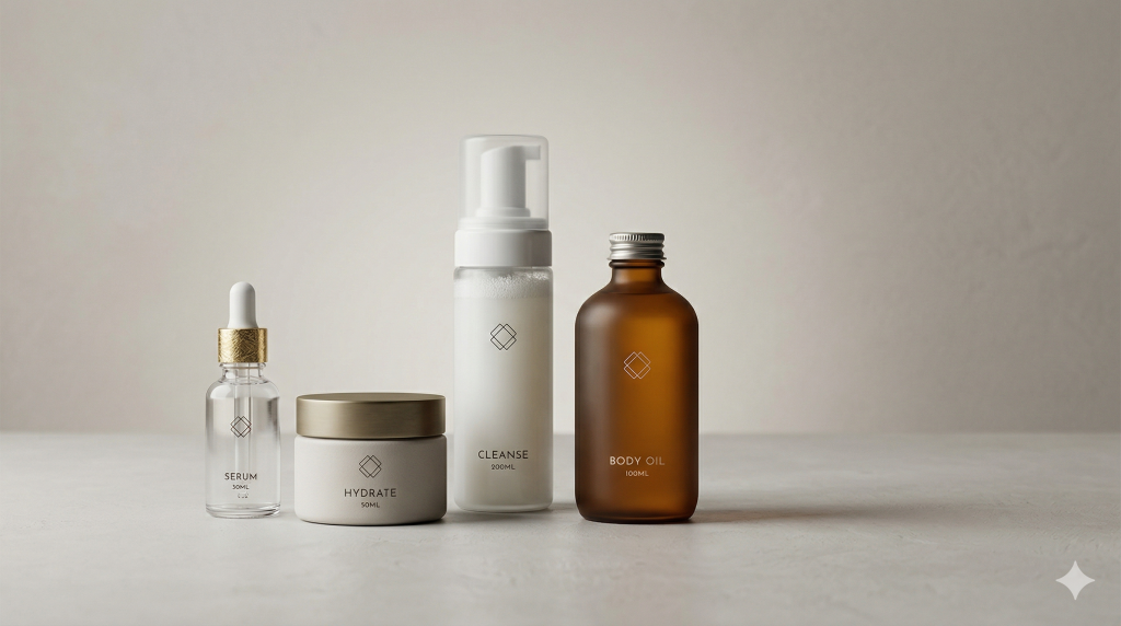 Coordinated packaging system showing multiple product variants with consistent branding in a refined studio composition.