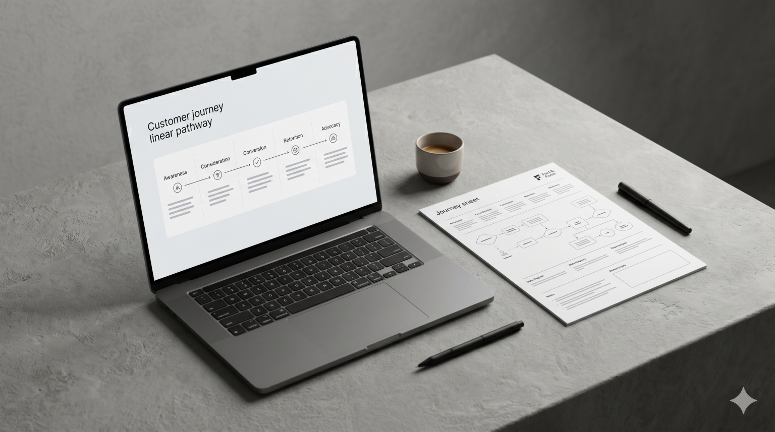 Customer journey design setup with a journey map on screen and a printed touchpoint sheet in a clean composition.