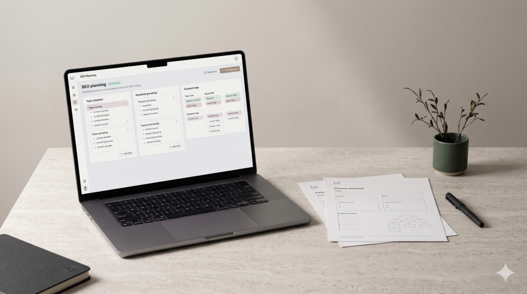 SEO strategy planning image with a laptop, keyword mapping materials and content structure sheets on a desk.