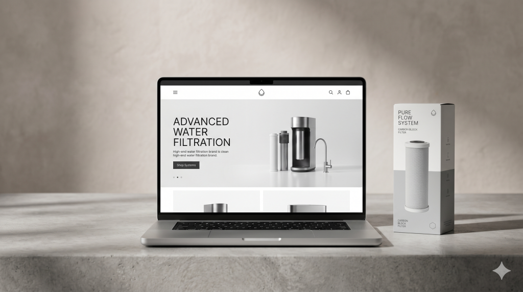 Water filtration website design with a technical website interface and a product object on a clean studio surface.