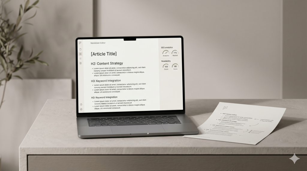 SEO copywriting setup with an article draft on screen and printed editorial notes on a refined studio surface.