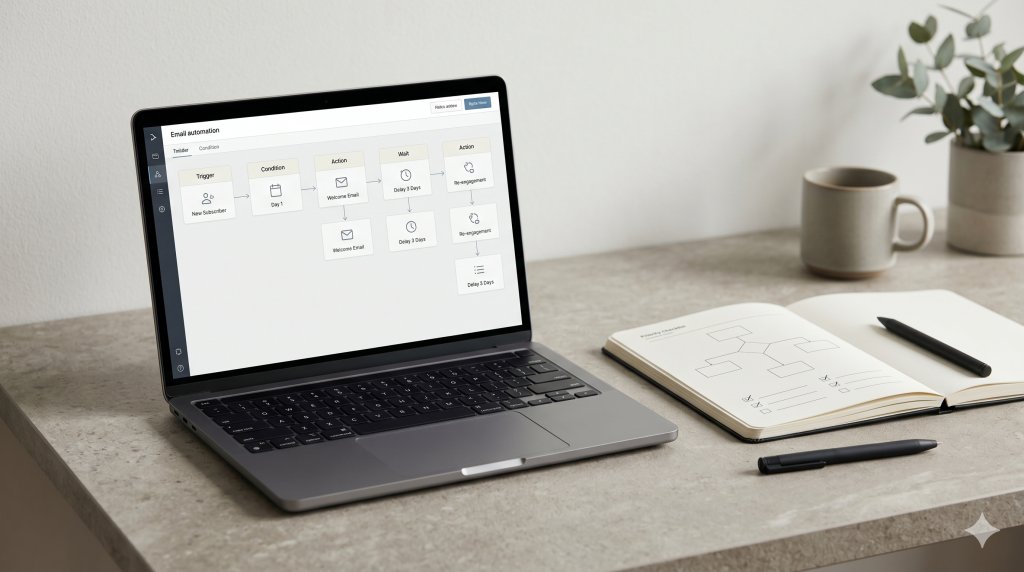 Email automation image with a laptop showing workflow automation and a printed flow sheet on a studio surface.