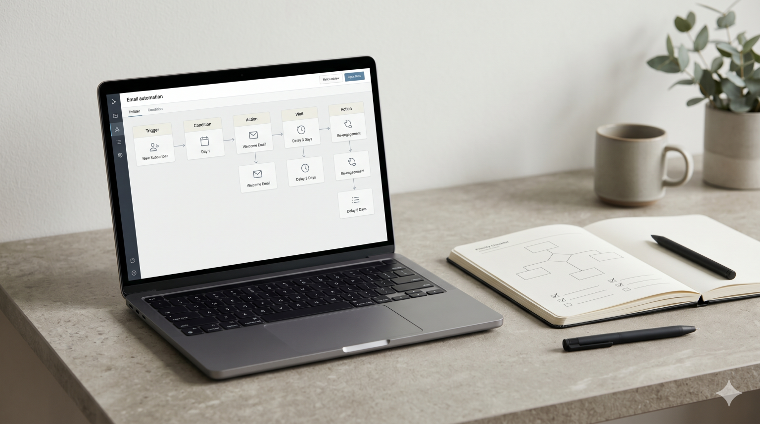 Email automation image with a laptop showing workflow automation and a printed flow sheet on a studio surface.