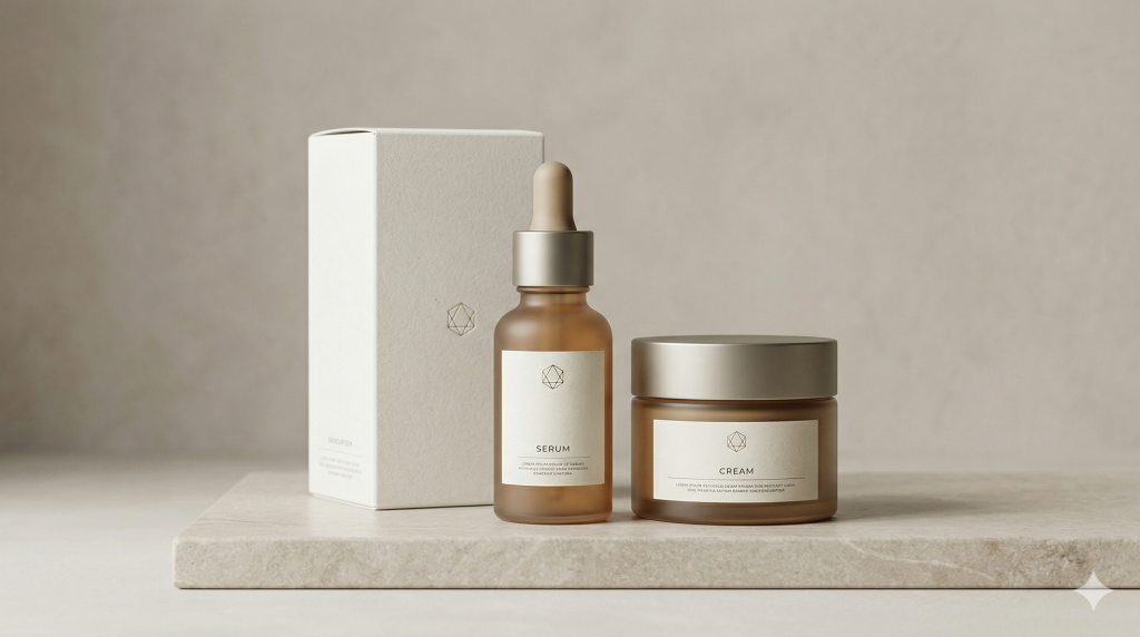 Cosmetics packaging design with a premium skincare product and elegant secondary packaging in a luxury studio shot.