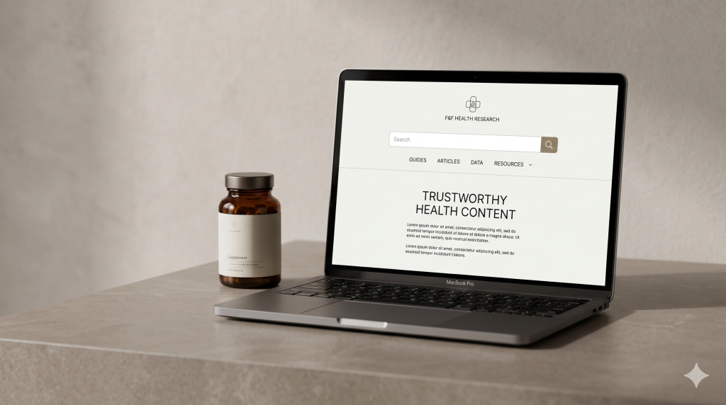 SEO for medical brands image with a healthcare content interface and subtle medical brand materials in a calm setup.