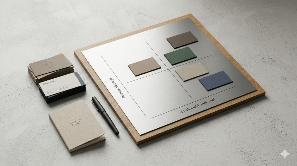 Brand positioning scene with printed brand cards and strategy materials in a clean editorial studio composition.