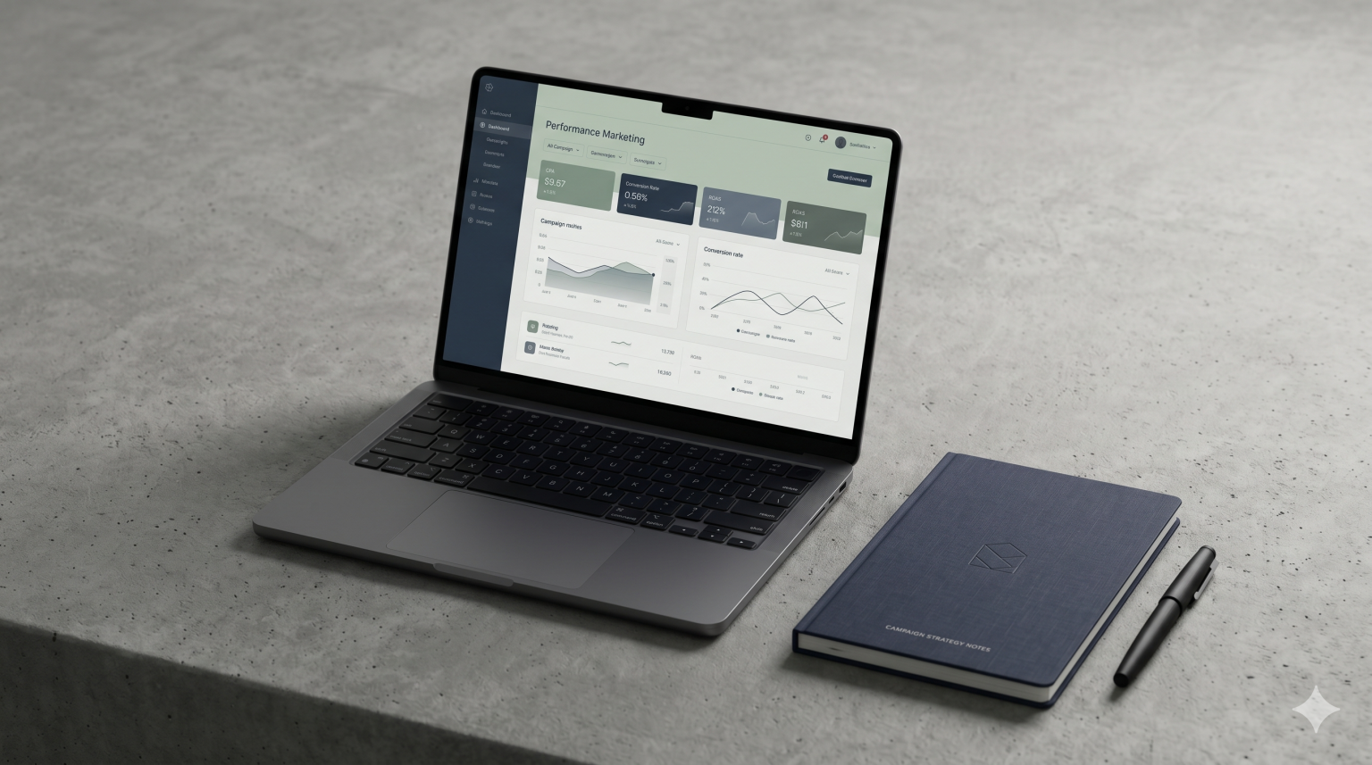 Performance marketing strategy image with a paid media interface and landing page materials in a premium studio scene.