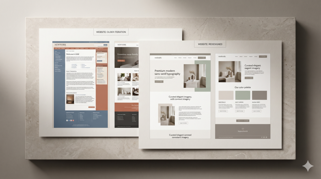 Website redesign comparison showing an outdated layout beside a cleaner modern website interface.
