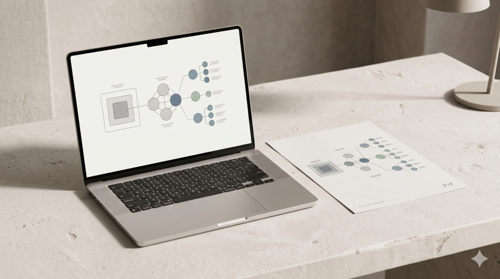 Topic clustering setup with a content map on screen and a printed cluster diagram in a structured composition.