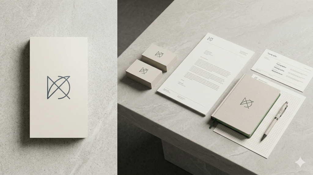 Comparison between a simple logo card and a full brand identity stationery system in a minimal studio setup.