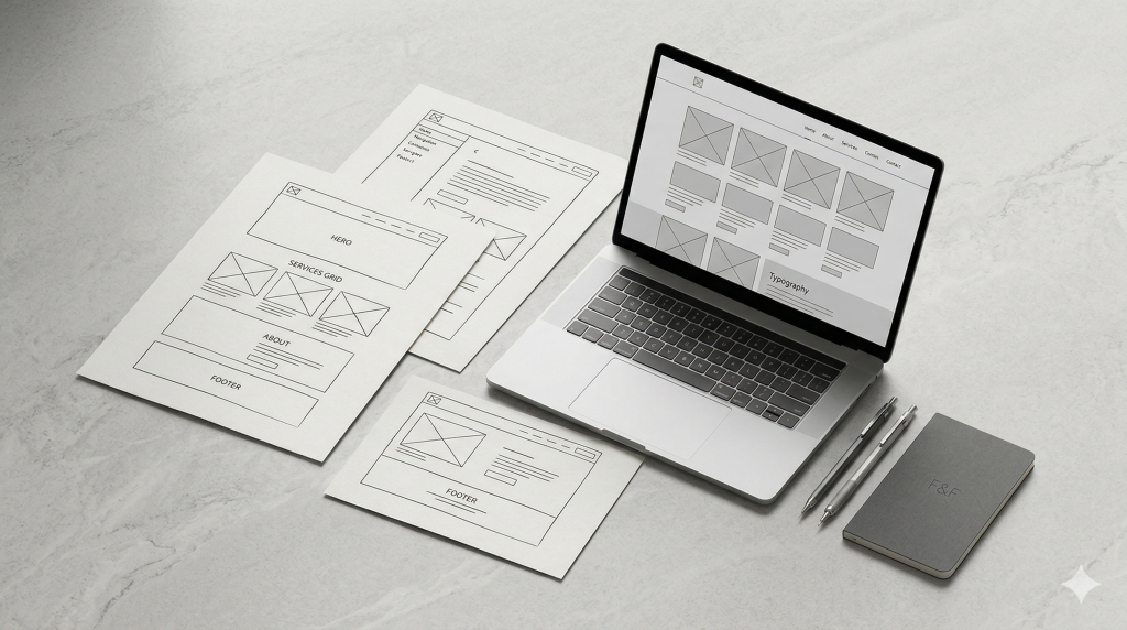 Wireframing image with printed website wireframes and a simple digital layout shown in a minimal workspace.