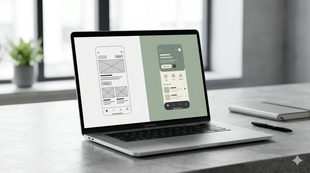 UX and UI design comparison with structural wireframes and polished interface screens in one clean composition.