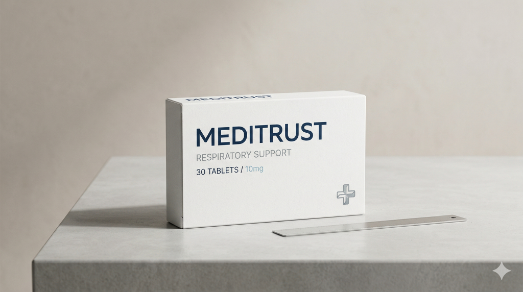 Medical packaging design showing a clean healthcare box and bottle with clear and trustworthy presentation.