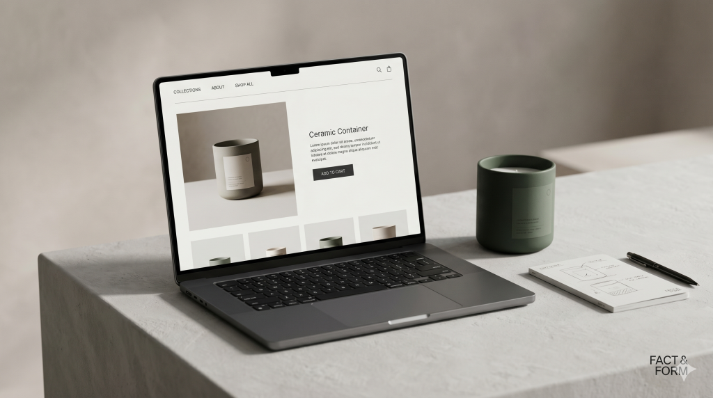 E-commerce development image with a clean online store interface and a subtle product object on a refined surface.