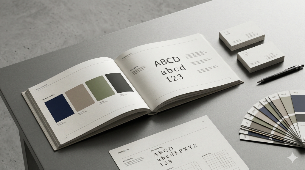 Open brand guidelines book with curated identity materials on a clean and refined studio surface.