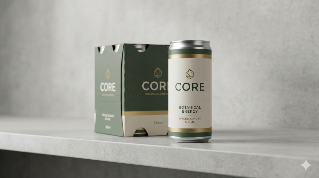 FMCG branding image with a branded beverage can and coordinated packaging in a clean shelf-ready composition.
