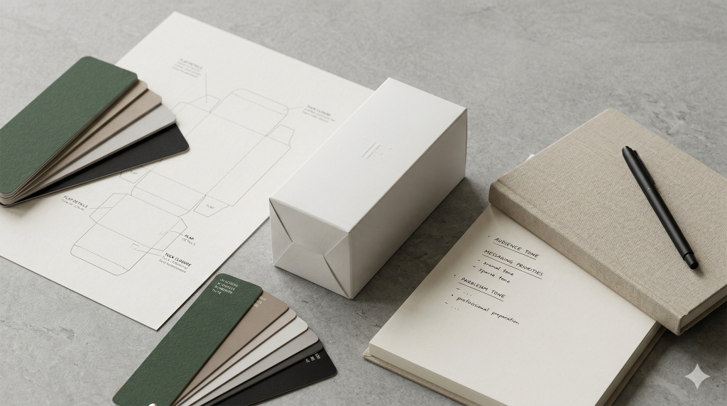 Packaging strategy planning materials with a packaging mockup, layout sheet and colour references on a studio desk.