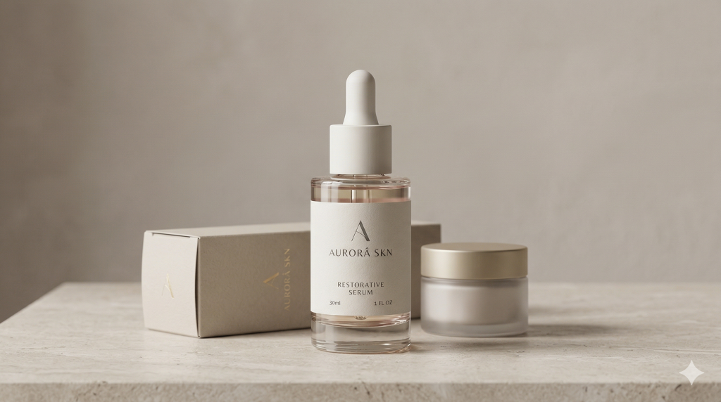 Premium cosmetics branding image with a skincare bottle and elegant packaging on a refined studio surface.