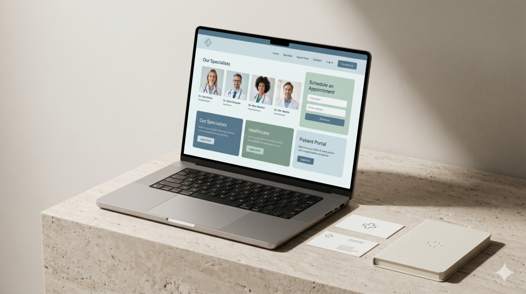 Medical web design image with a clean healthcare website displayed on a laptop in a calm studio setting.