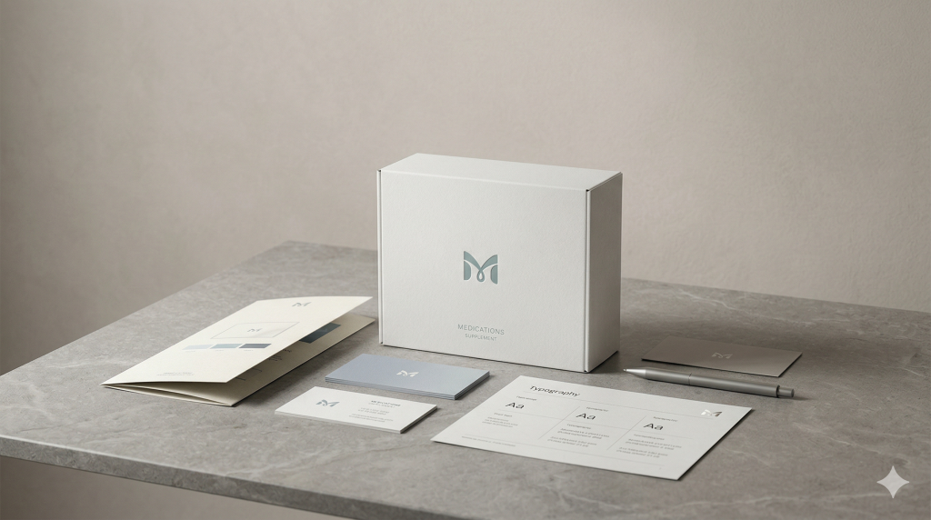 Medical branding materials with clean healthcare packaging and printed identity elements in a calm studio setup.
