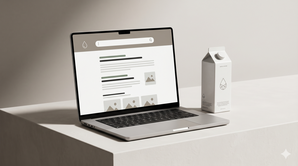 SEO for water filtration companies with a technical search interface and a filtration product box in a minimal scene.