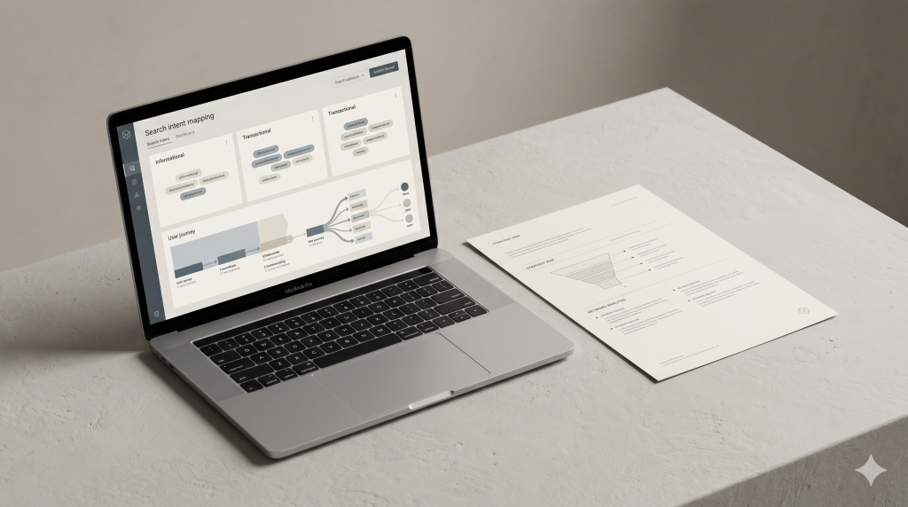 Search intent analysis image with a device showing search results and clean planning materials on a studio desk.
