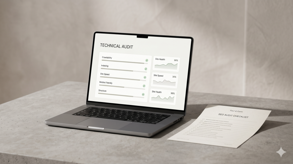 Technical SEO audit image with a laptop showing site health checks and a printed audit sheet on a desk.