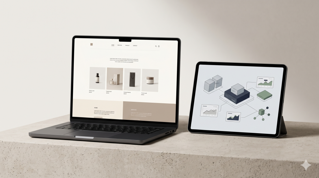 Frontend and backend development comparison with a polished interface screen and a simplified technical system view.