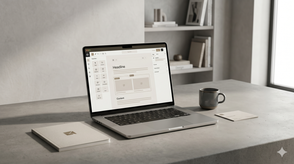 CMS development scene with a laptop showing a content management interface on a premium studio desk.