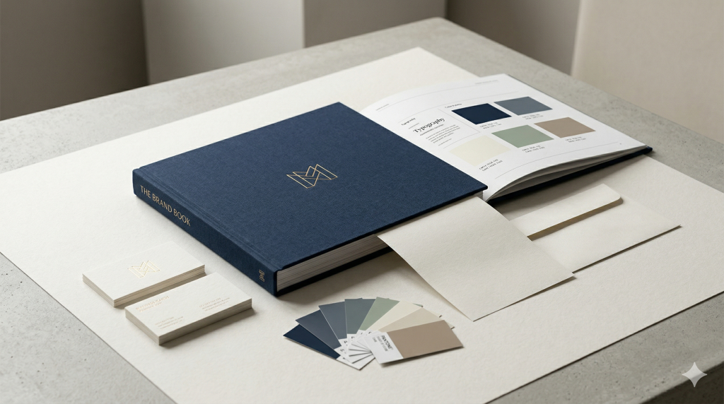 Premium brand book displayed with supporting printed identity materials in a minimal editorial composition.
