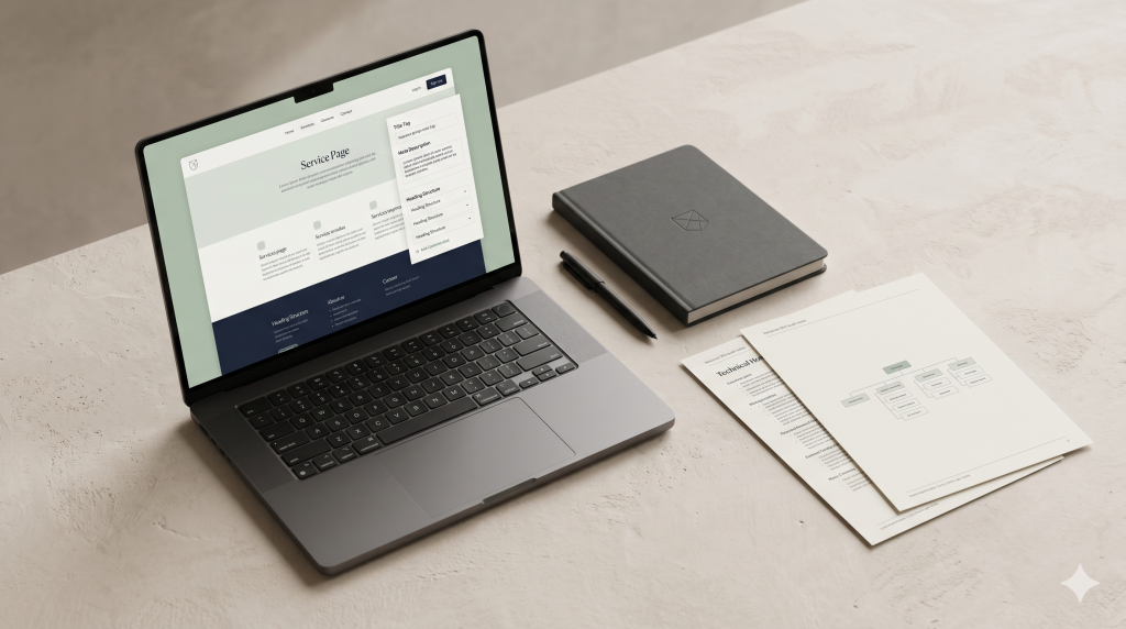 On-page SEO scene with a service page layout on screen and website optimization notes in a clean studio setup.