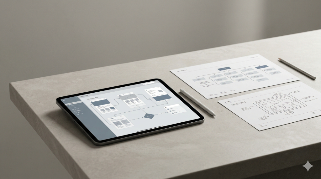 UX strategy setup with a tablet, interface planning materials and printed layout sheets in a clean studio scene.
