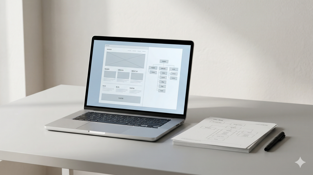 Web strategy scene with a laptop, sitemap materials and website planning sheets on a refined studio desk.