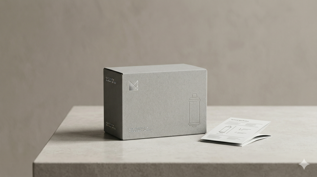 Water filtration packaging design with a technical product package arranged in a clean and realistic studio composition.