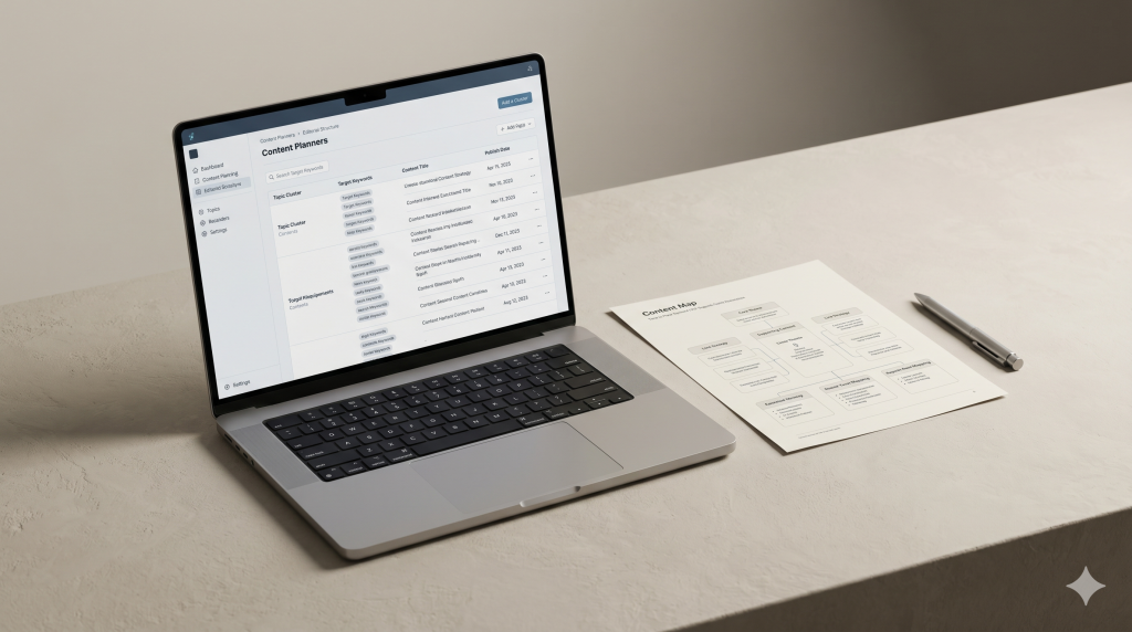 SEO content strategy scene with a content planning interface and editorial mapping materials in a minimal layout.
