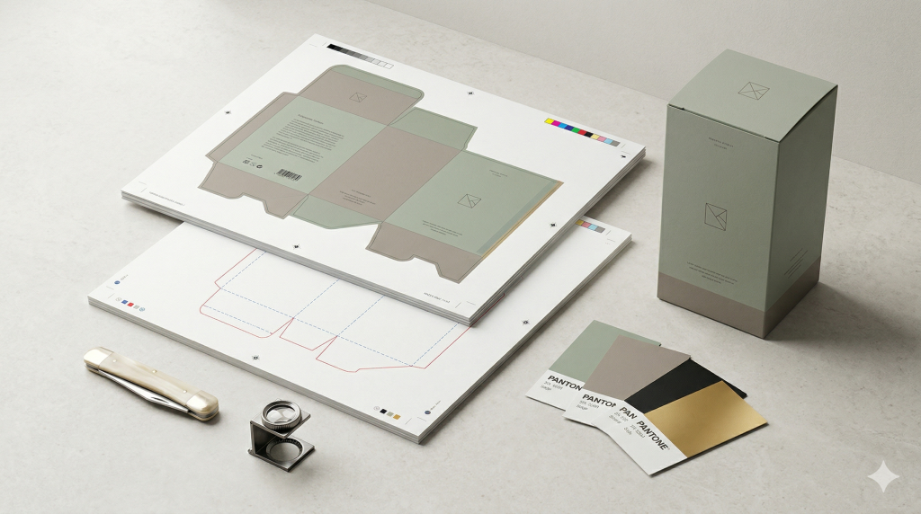 Print-ready packaging artwork with dielines, colour references and an assembled package on a clean studio surface.