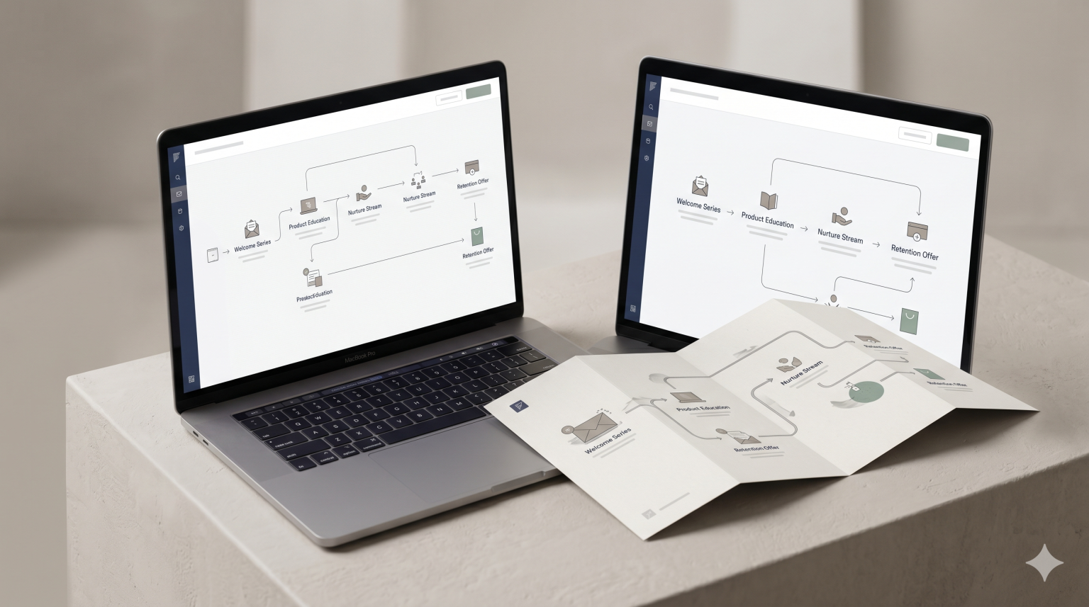 Lifecycle marketing scene with an email journey interface and a printed lifecycle flow map in a structured setup.
