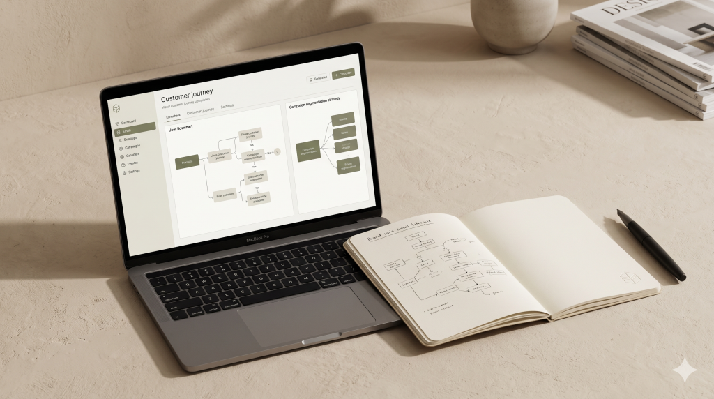 Email strategy image with a laptop showing communication flows and printed customer journey materials on a desk.