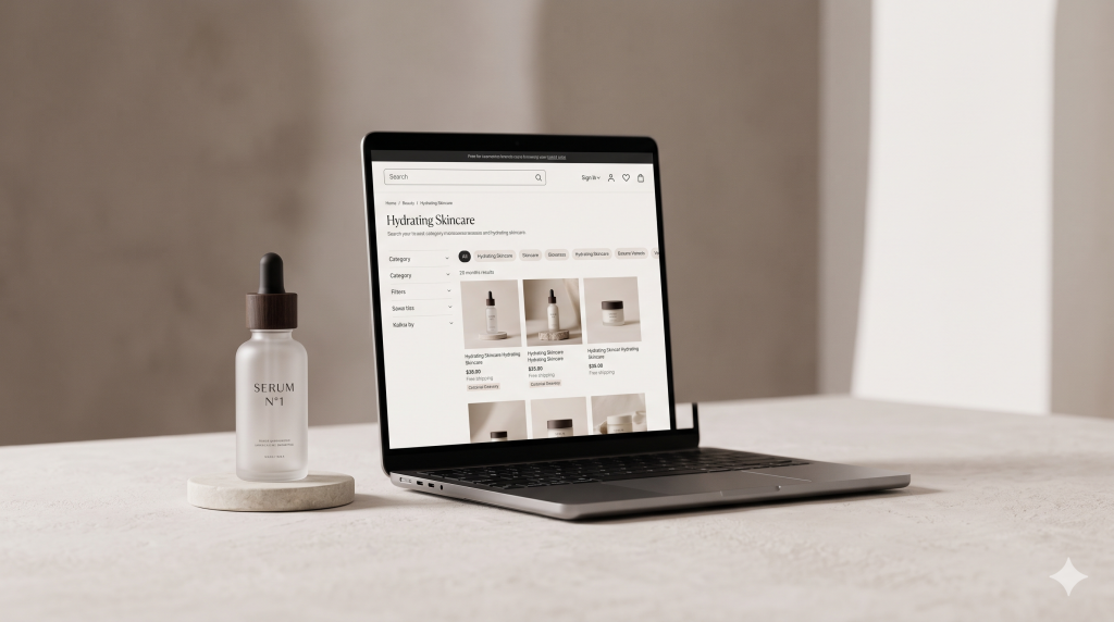 SEO for cosmetics brands with a beauty search interface and an elegant skincare product on a clean surface.