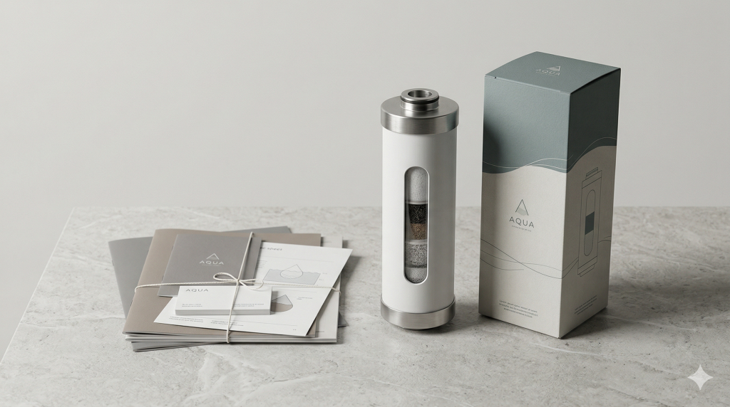Water filtration branding image with a technical product box and minimal branded materials in a premium composition.