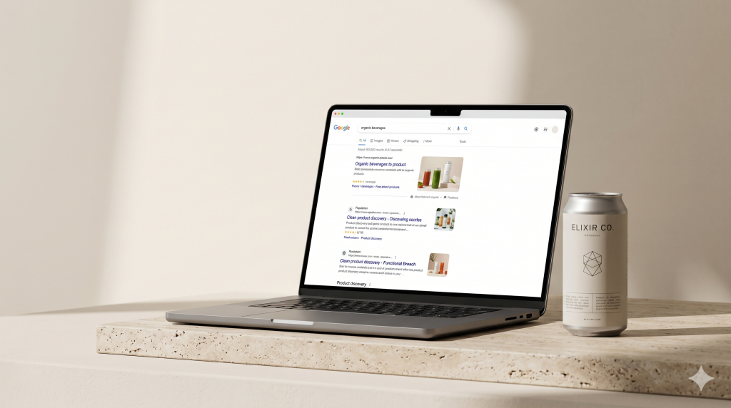 SEO for FMCG brands image with a search interface and consumer goods packaging in a premium studio composition.