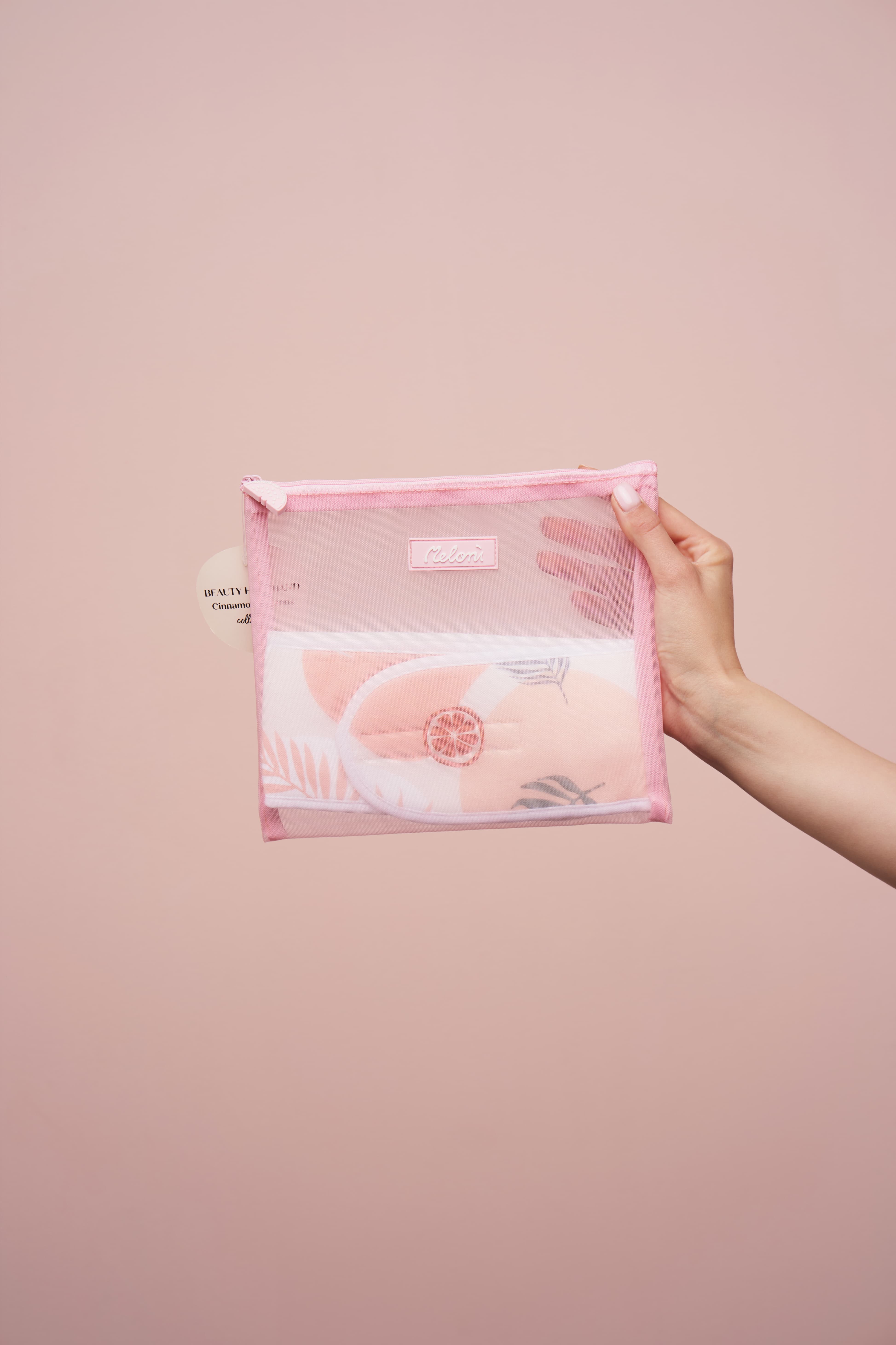 Meloni Product Hair Towel Pouch Pink Flatlay - branding project by Fact & Form