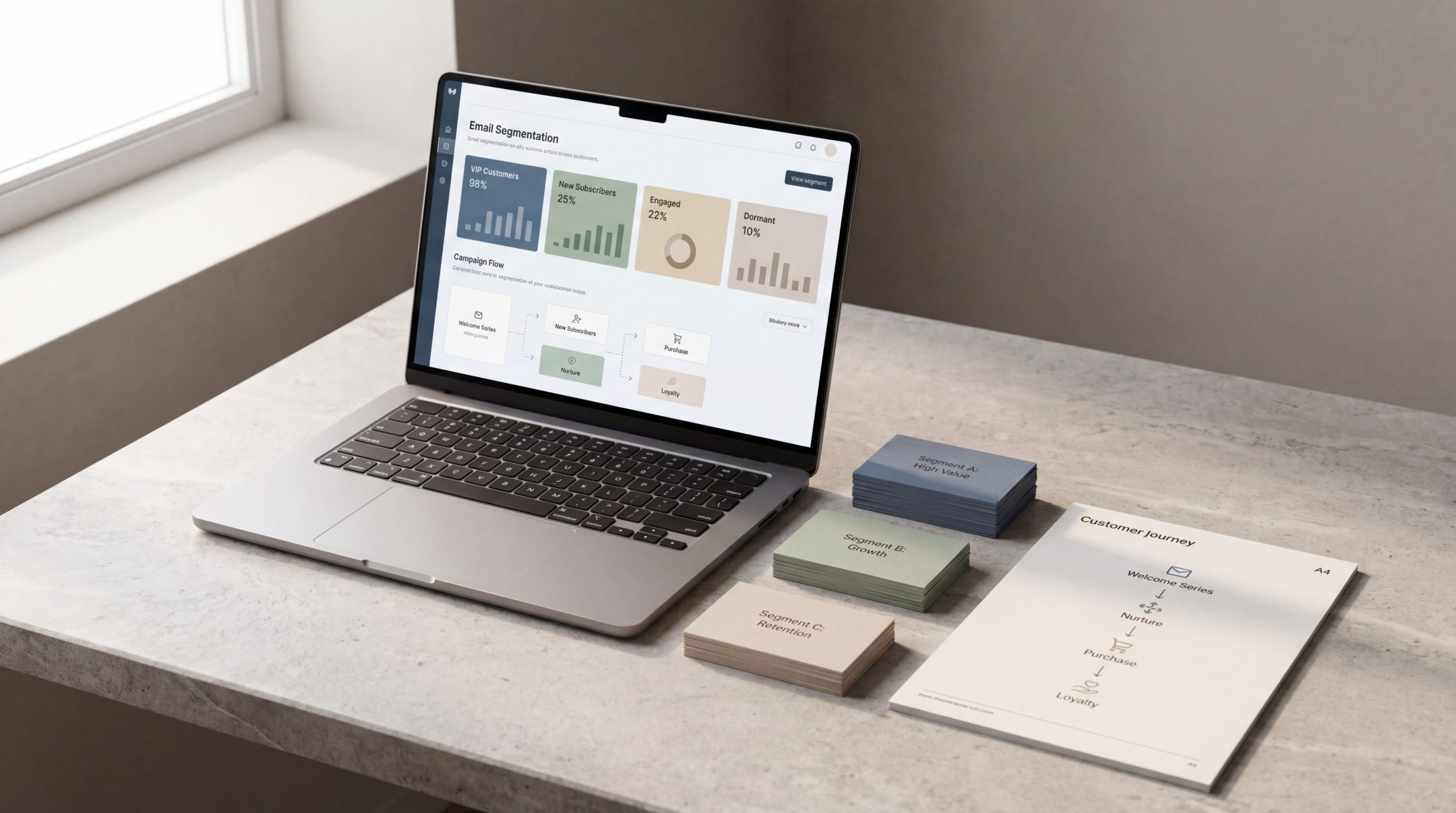 Premium email segmentation setup with audience group cards, campaign planning materials and a clean email interface.